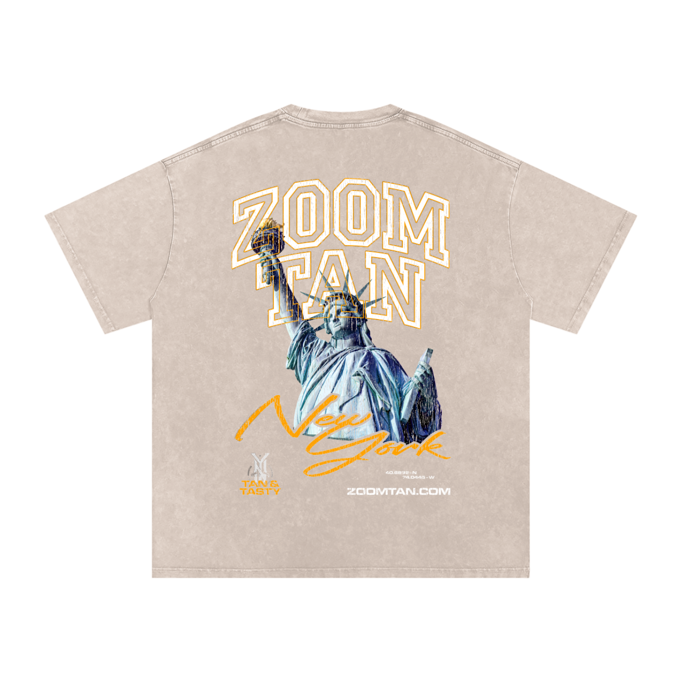 Zoom Tan New York Snow Washed Oversized Cotton T-Shirt