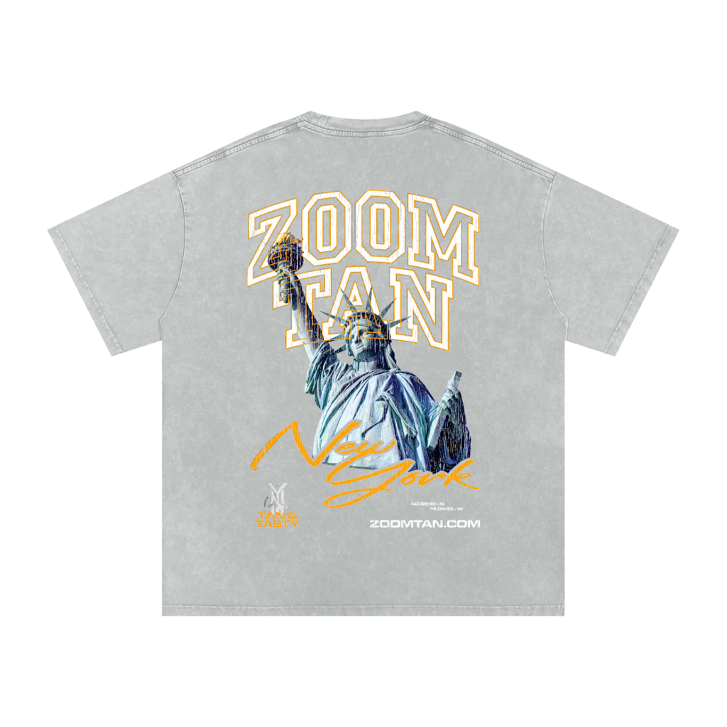 Zoom Tan New York Snow Washed Oversized Cotton T-Shirt