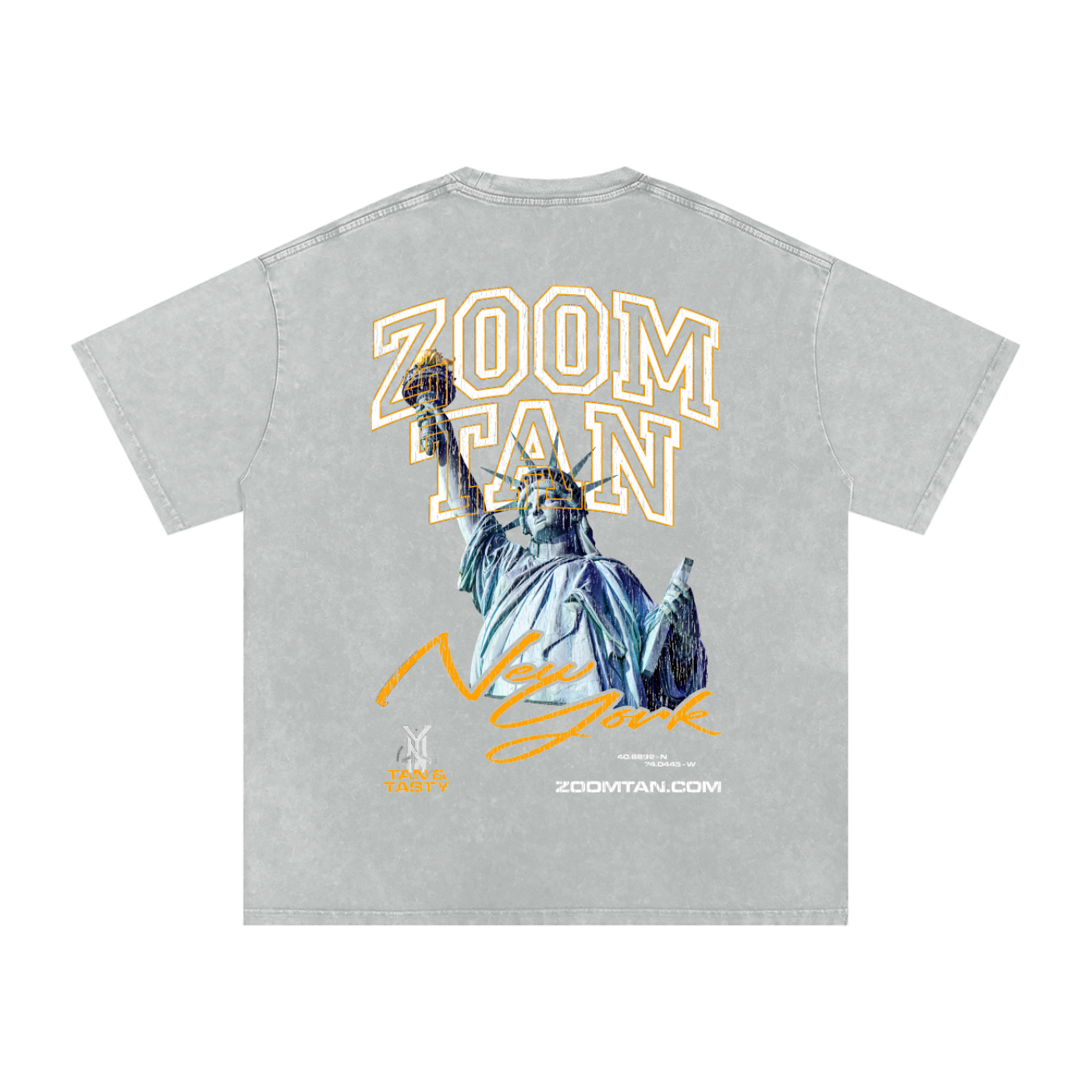 Zoom Tan New York Snow Washed Oversized Cotton T-Shirt
